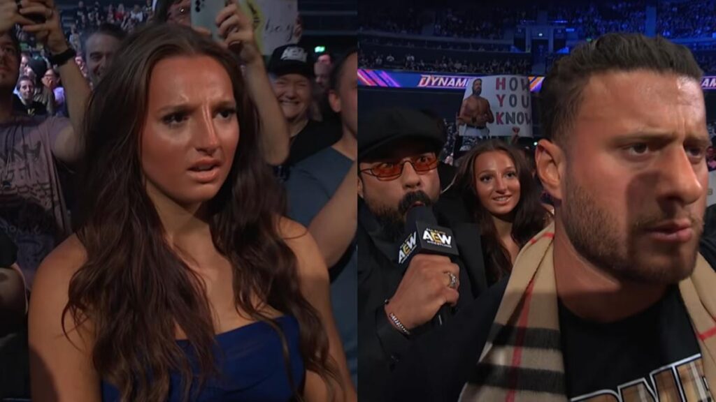 Maddy Morgan on AEW Dynamite next to Andrade El Idolo and MJF