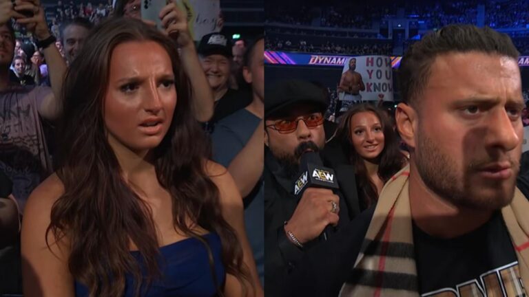 Maddy Morgan on AEW Dynamite next to Andrade El Idolo and MJF