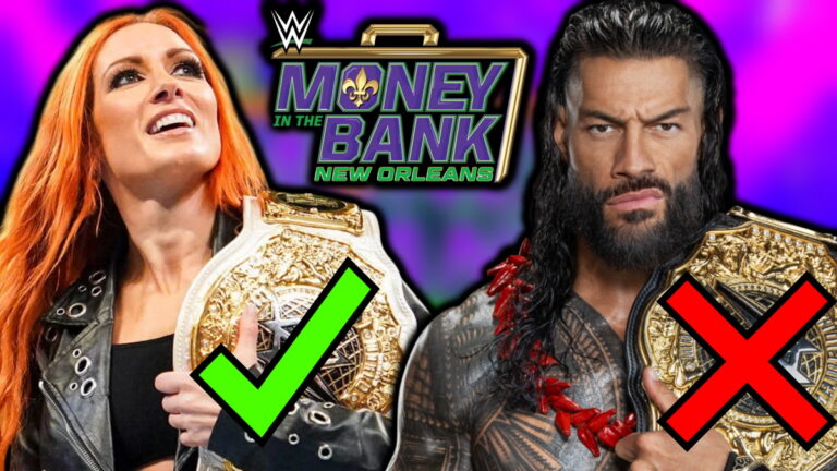 WWE Money in the Bank logo, Becky Lynch and Roman Reigns