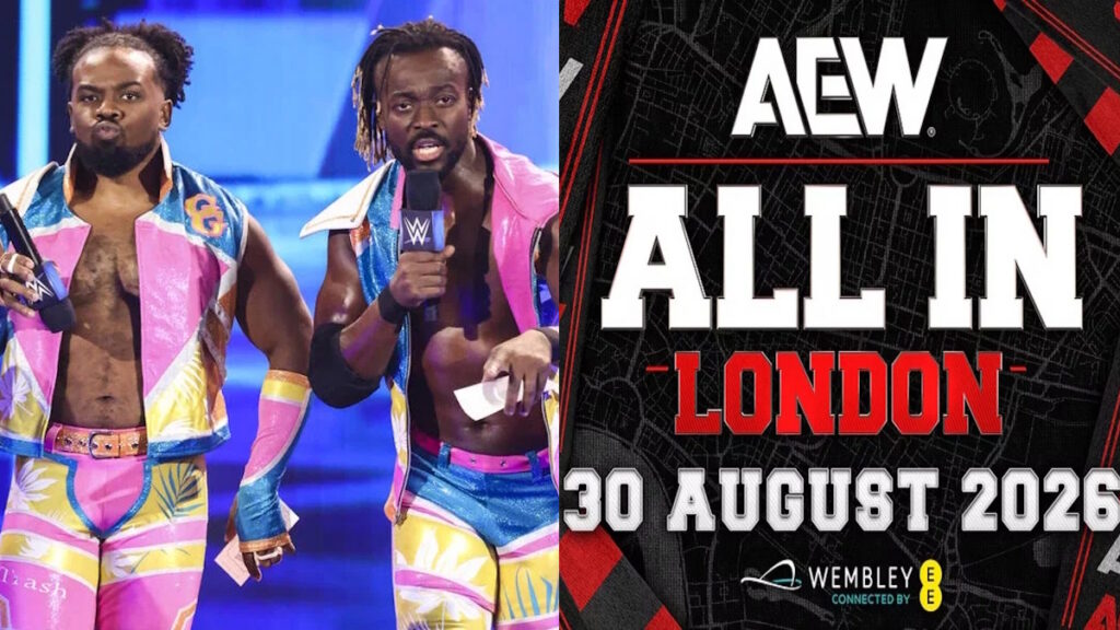 Former WWE stars New Day and AEW All In logo