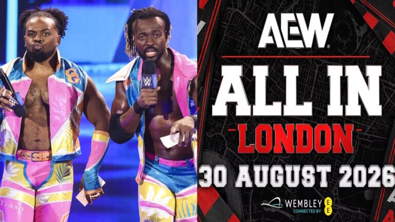 Former WWE stars New Day and AEW All In logo