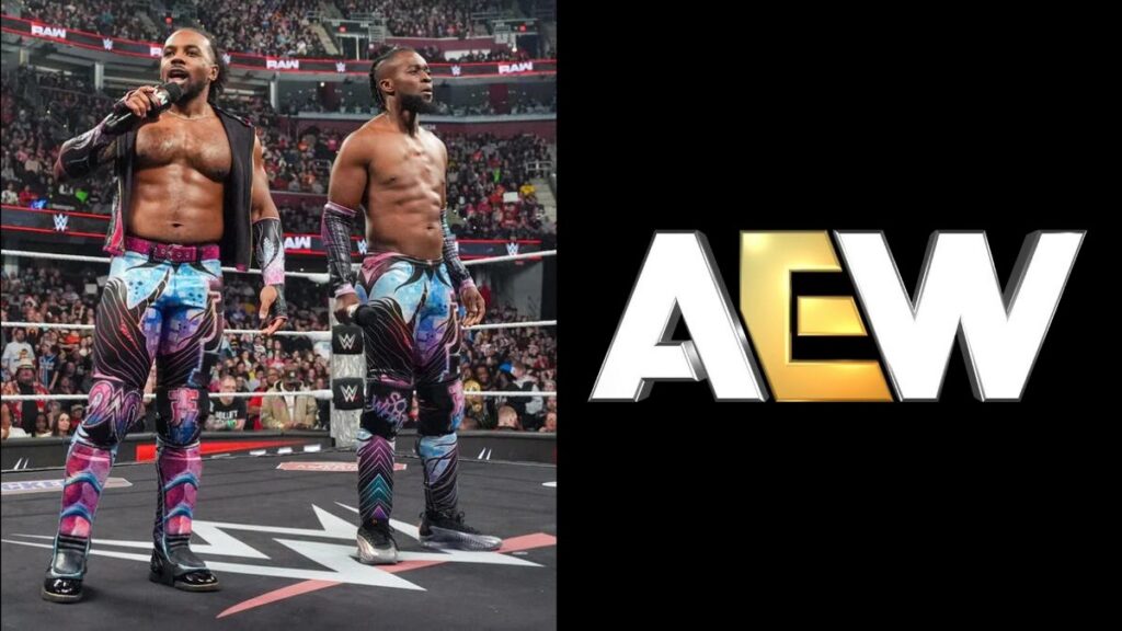 WWE's New Day (Kofi Kingston & Xavier Woods) next to the AEW logo