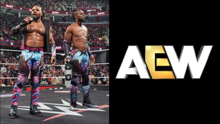 WWE's New Day (Kofi Kingston & Xavier Woods) next to the AEW logo