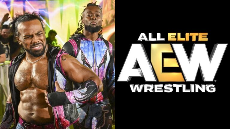 AEW logo with New Day (Xavier Woods & Kofi Kingston)