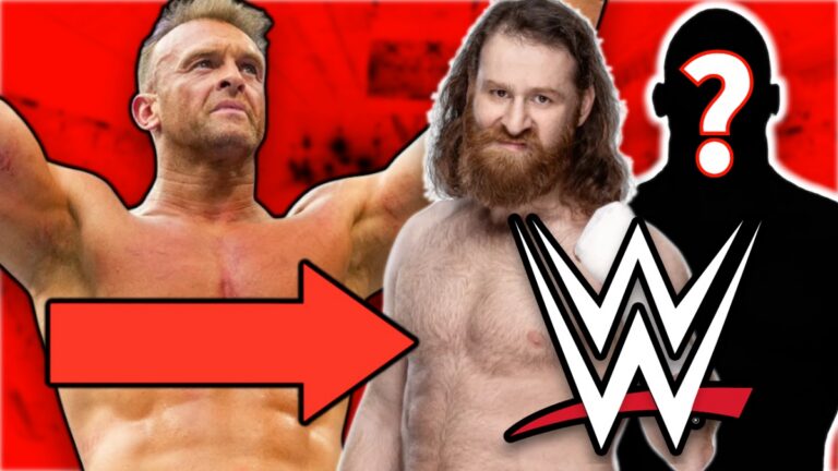 WWE logo with Nick Aldis and Sami Zayn