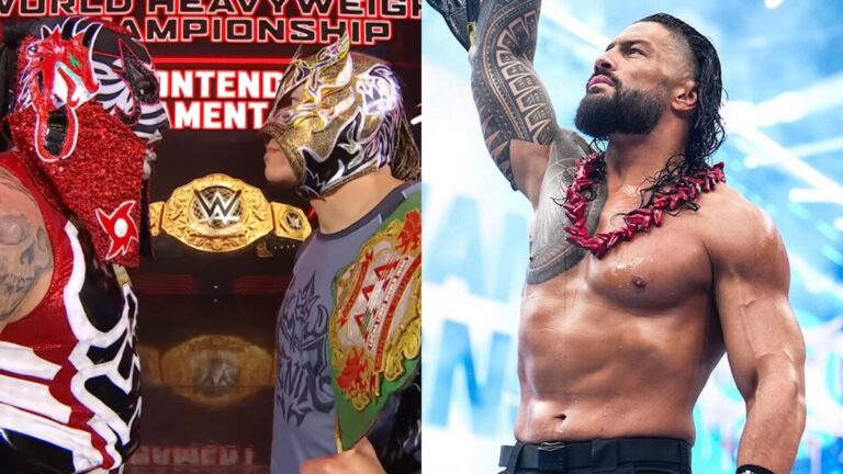 WWE's Penta & Rey Fenix next to Roman Reigns