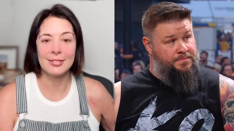 AEW's Rebel/Tanea Brooks next to WWE's Kevin Owens