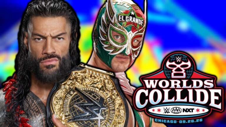 WWE, NXT & AAA Worlds Collide logo, Roman Reigns and El Grande Americano