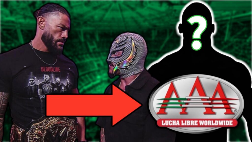 WWE AAA logo with Roman Reigns and Rey Mysterio.