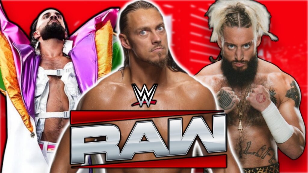 WWE Raw logo with Big Cass, Enzo Amore and Seth Rollins.