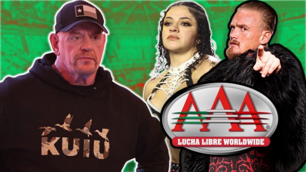 WWE AAA logo with The Undertaker, Persephone and Ilja Dragunov