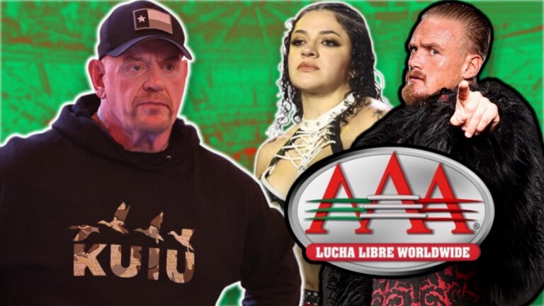 WWE AAA logo with The Undertaker, Persephone and Ilja Dragunov