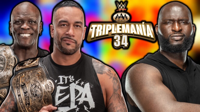 WWE AAA TripleMania logo, Damian Priest, R-Truth and Omos