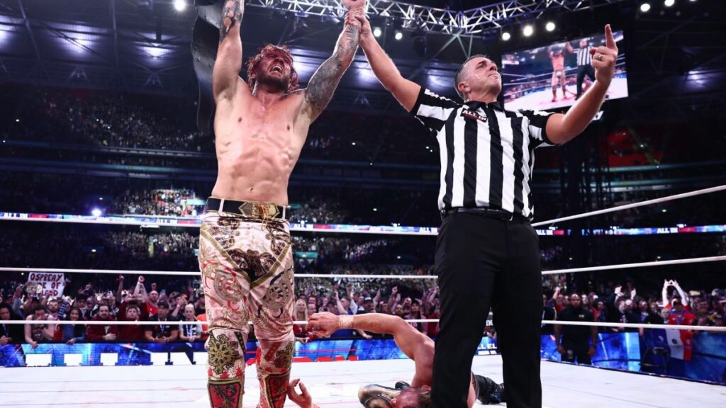 Will Ospreay getting his hand raised as new AEW World Champion at All In London.