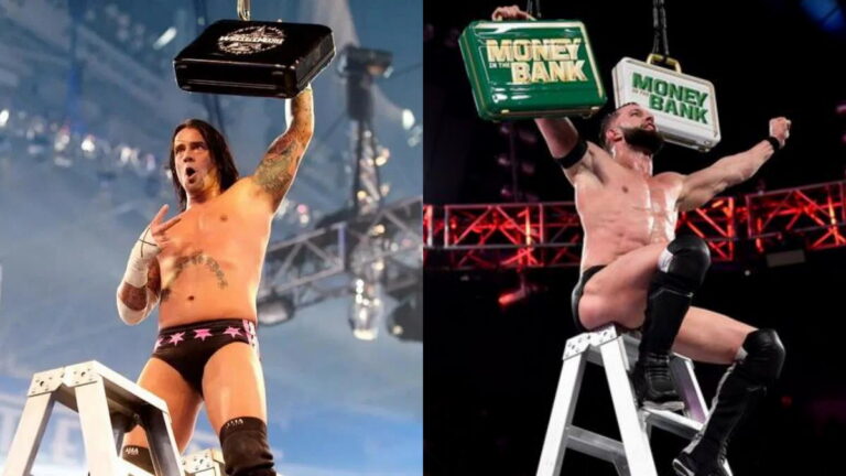 CM Punk and Finn Balor holding Money In The Bank