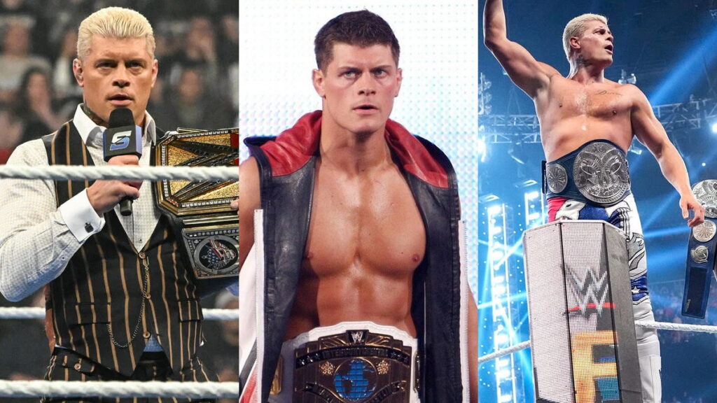 Cody Rhodes as Undisputed WWE Champion, Intercontinental Champion and SmackDown Tag Team Champion