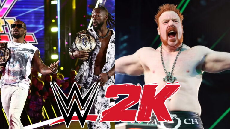WWE 2K logo with the New Level (New Day) and Sheamus
