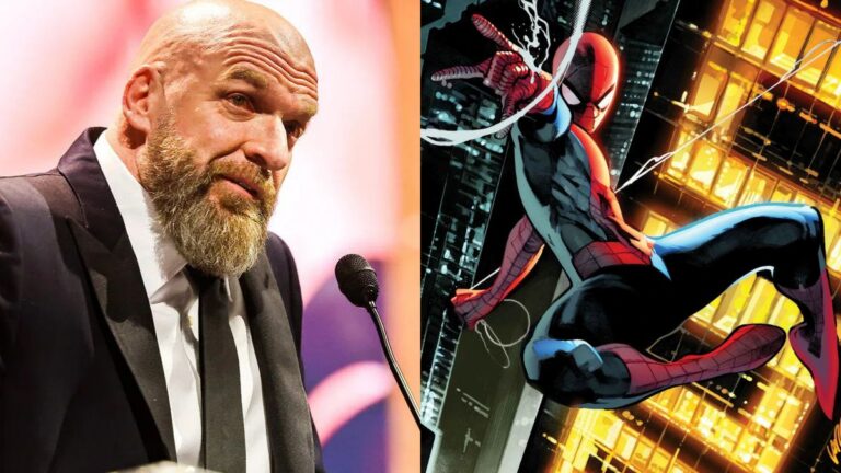 WWE CCO Triple H next to Spider-Man from the cover of Marvel Comics Spider-Man 1000