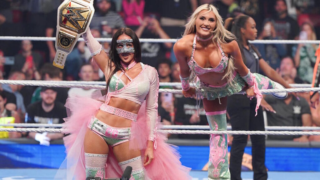Interim WWE Women's Champion Chelsea Green and Tiffany Stratton.