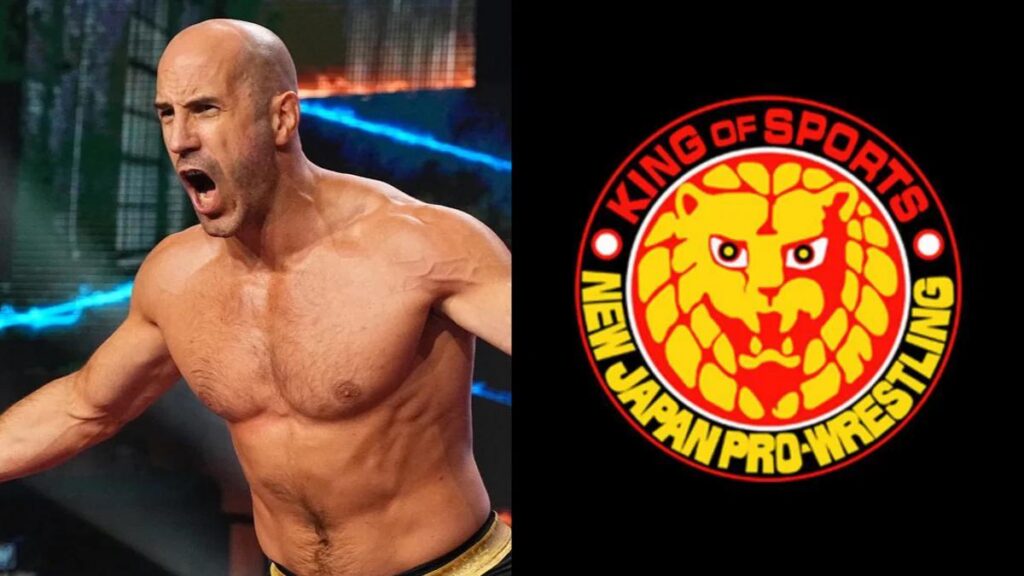 AEW star Claudio Castagnoli next to NJPW logo
