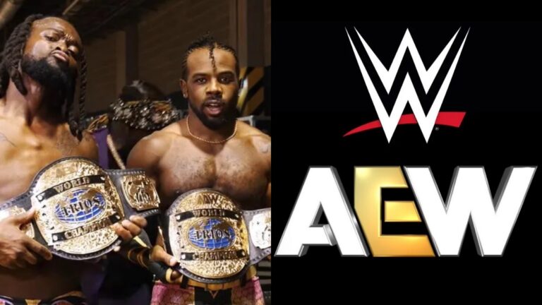 Austin Creed & Kofi with the WWE and AEW logos