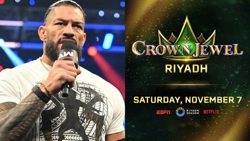 Roman Reigns and WWE Crown Jewel 2026 logo.