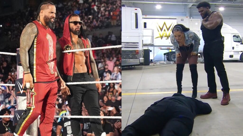 WWE Bloodline members The Usos alongside 946's Royce Keys and Jaida Parker standing over JACOB FATU.
