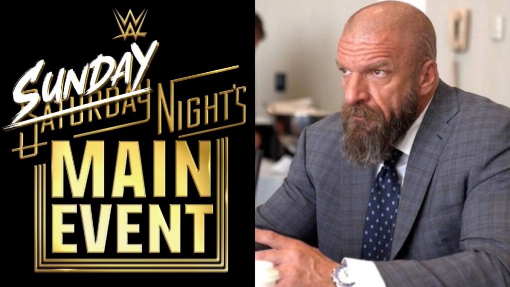 Triple H alongside the WWE Sunday Night's Main Event logo