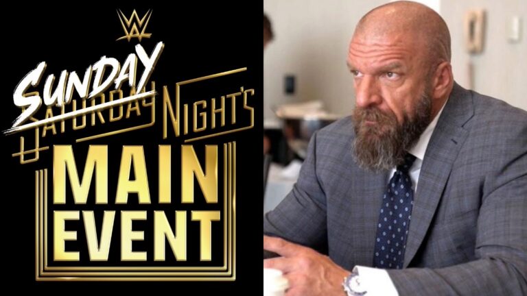 Triple H alongside the WWE Sunday Night's Main Event logo