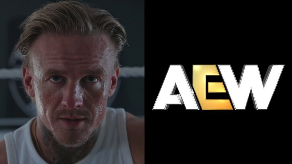 Ilja Dragunov and the AEW logo