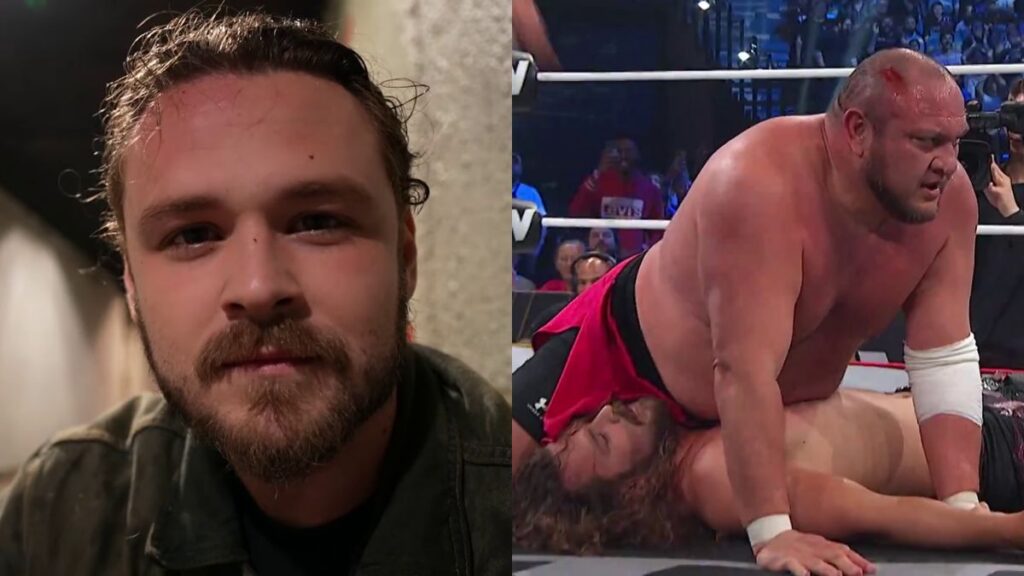 Jack Perry next to being pinned by Samoa Joe at AEW Grand Slam France