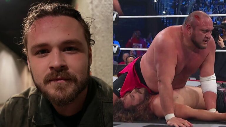 Jack Perry next to being pinned by Samoa Joe at AEW Grand Slam France