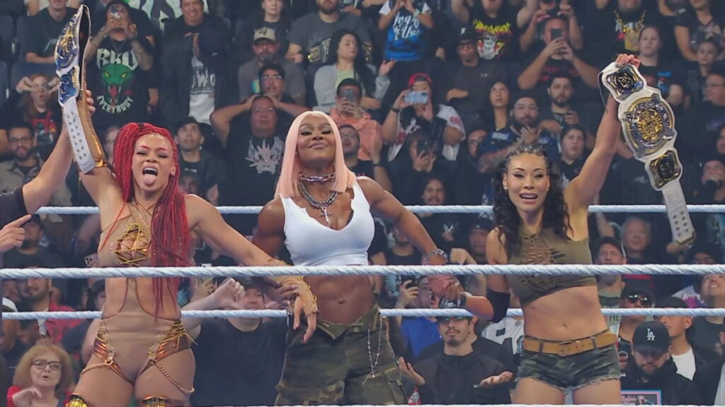 Michin & B-Fab as Women's Tag Team Champions alongside Jade Cargill on WWE SmackDown