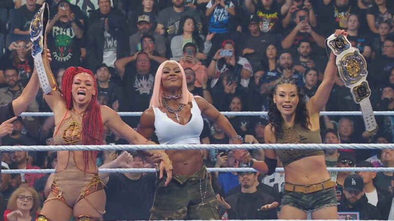Michin & B-Fab as Women's Tag Team Champions alongside Jade Cargill on WWE SmackDown