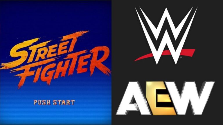 Street Fighter graphic next to WWE and AEW logos
