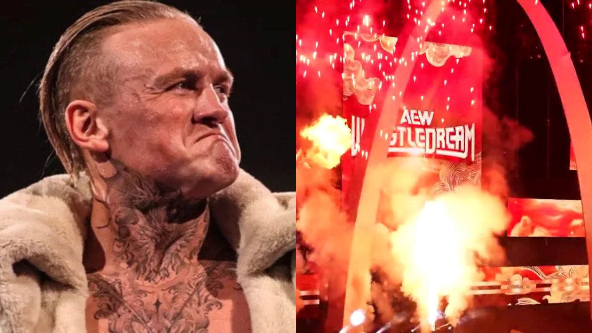 Former WWE star Ilja Dragunov next to the AEW WrestleDream graphic and pyro
