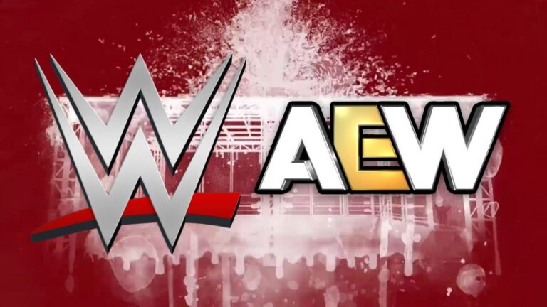 The WWE and AEW logo over the stylized Blood and Guts cage