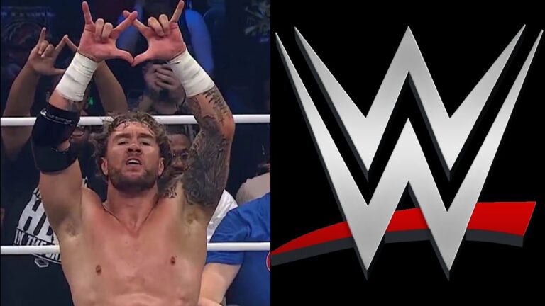 United Empire's Will Ospreay in AEW next to WWE logo