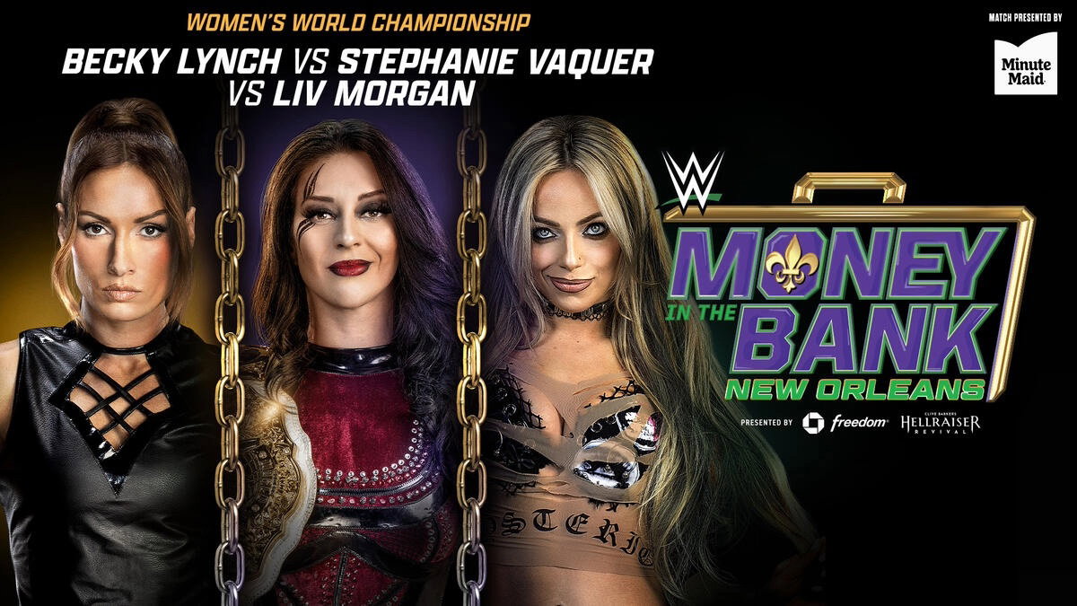Becky Lynch vs. Stephanie Vaquer vs. Liv Morgan WWE Money in the Bank 2026 graphic