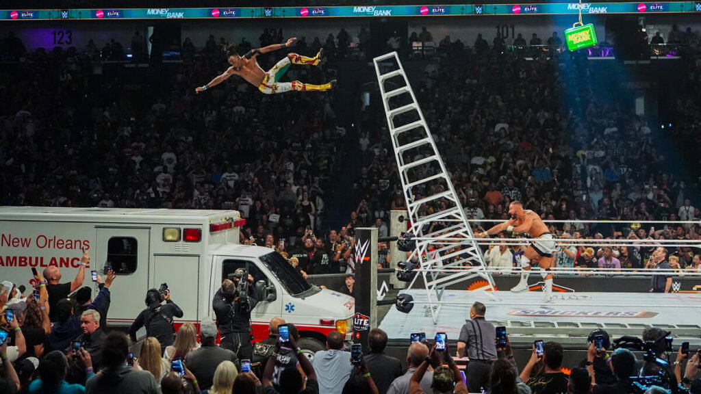 Je'Von Evans being sent off a ladder by Bron Breakker at WWE Money in the Bank 2026