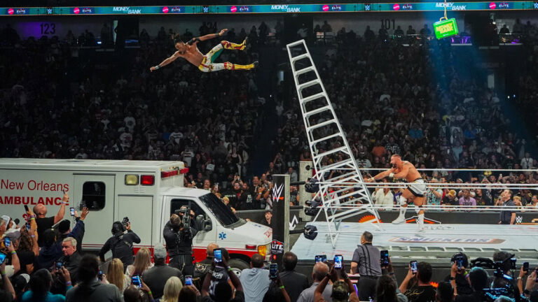 Je'Von Evans being sent off a ladder by Bron Breakker at WWE Money in the Bank 2026