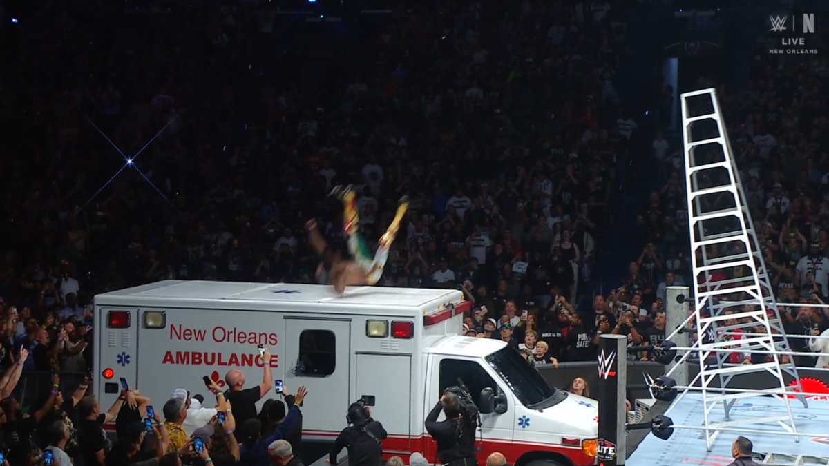 Je'Von Evans falling into ambulance at WWE Money in the Bank 2026