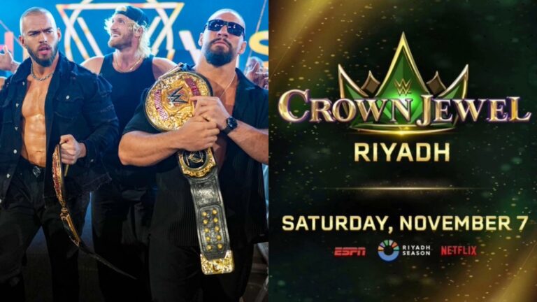 WWE Crown Jewel 2026 logo with Bron Breakker, Austin Theory and Logan Paul.